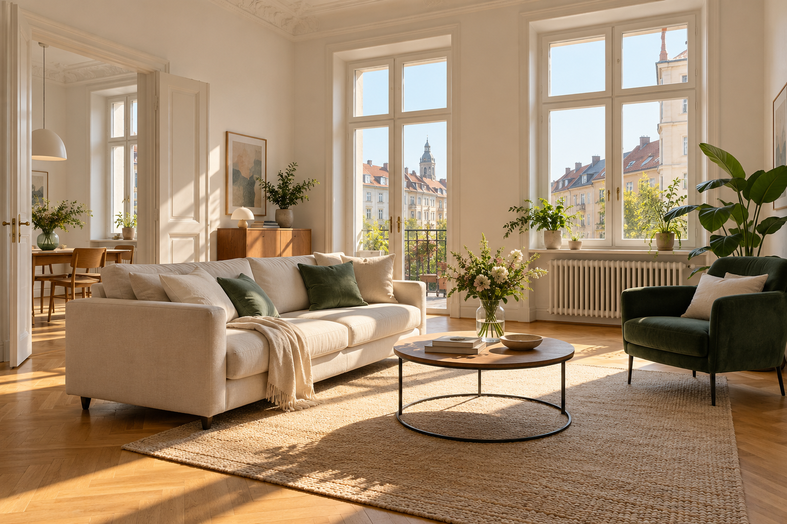 Helles, gepflegtes Wohnzimmer mit natürlichen Materialien und grünen Akzenten